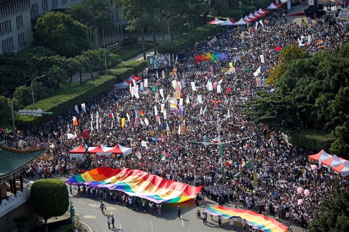 Participants take part in a lesbian, gay, bisexual and transgender (LGBT) pride 