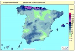 LLuvias acumuladas en España del 1 al 30 de octubre de 2018