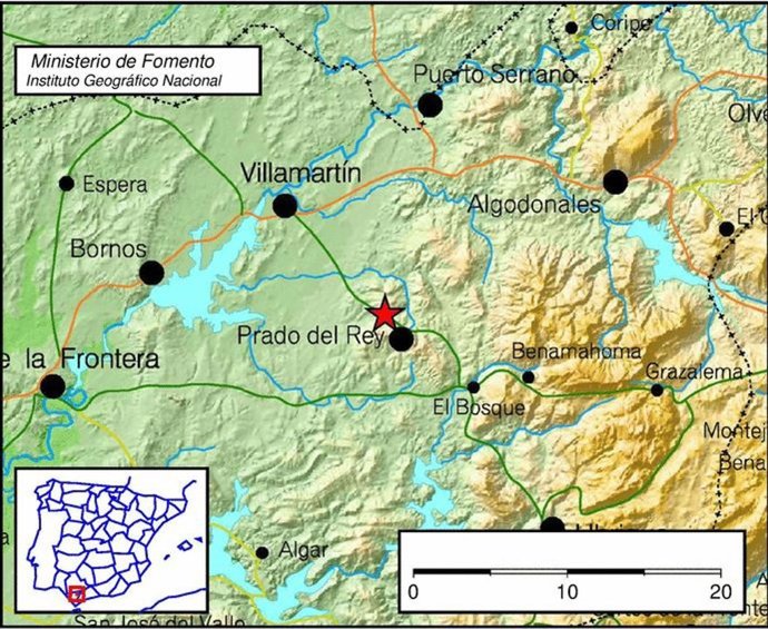 Epicentro del terremoto registrado en Prado del Rey (Cádiz)