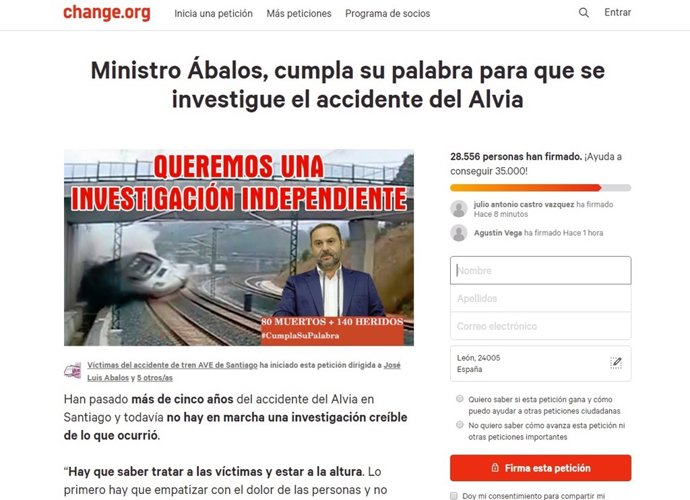 Captura de Change con la petición de víctimas del Alvia