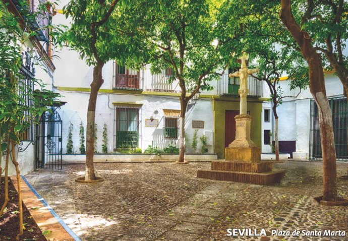 Tarjeta de Correos de la plaza de Santa Marta de Sevilla con olor a azahar