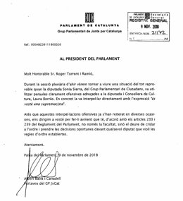 L'escrit registrat per JxCat adreçat al president Roger Torrent