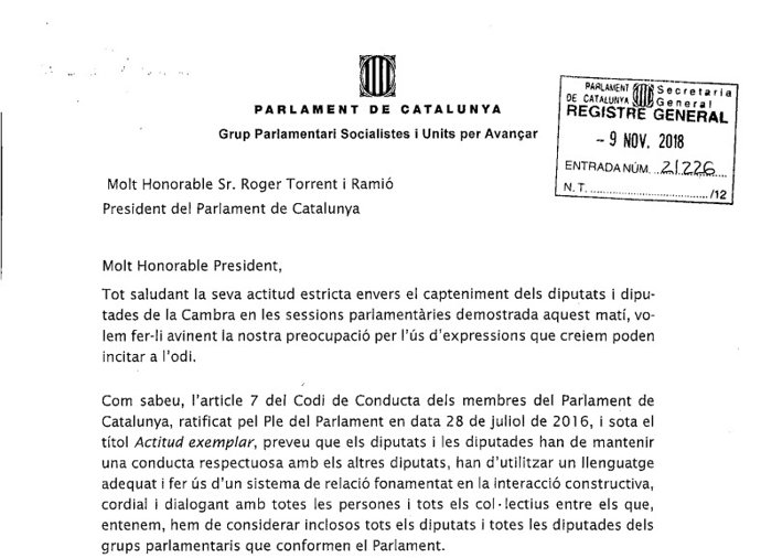 Un escrito del PSC al presidente de la Cámara, Roger Torrent