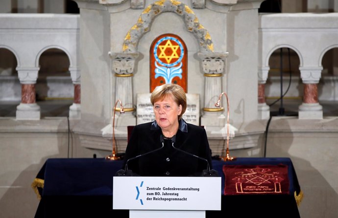 Angela Merkel durante el 80º aniversario de la 'Noche de los Cristales Rotos'