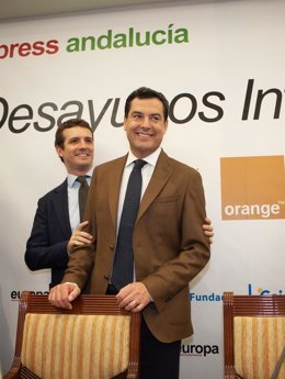 Juanma Moreno y Pablo Casado, en los Desayunos de Europa Press Andalucía