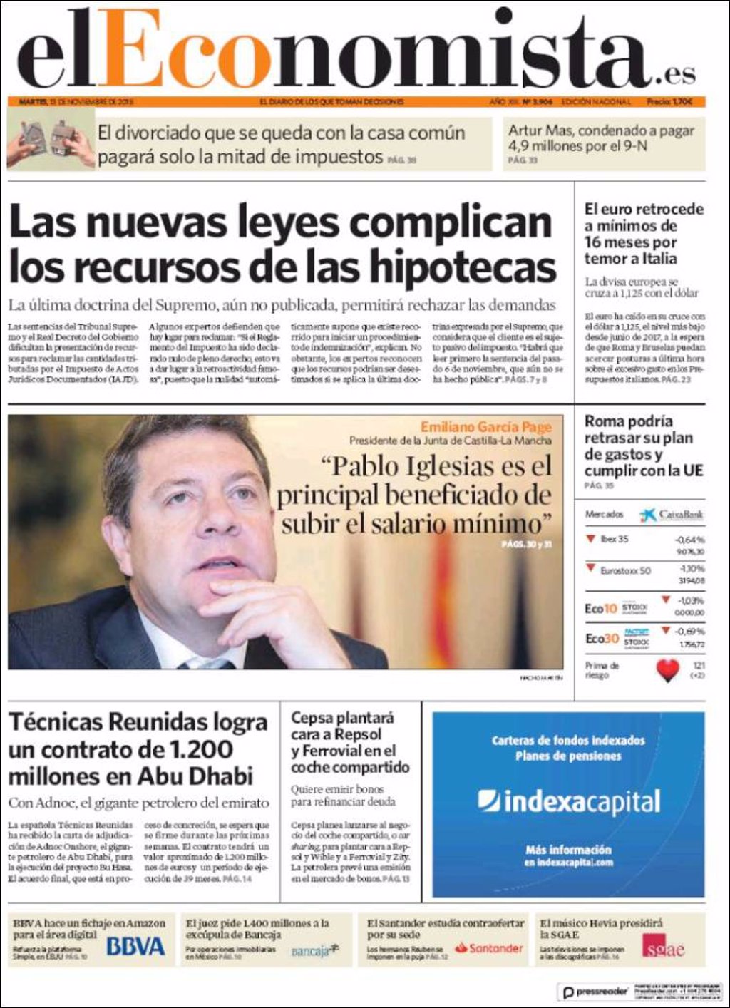Las portadas de los periódicos económicos de hoy, martes 13 de noviembre