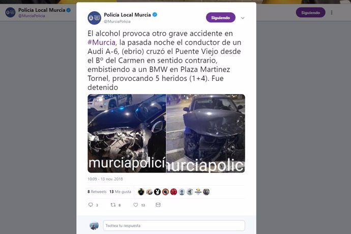 Imagen del tuit de la Policía Local, con el estado de los vehículos