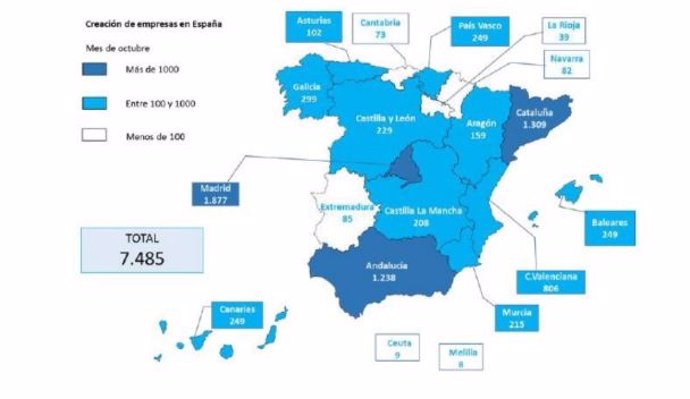 Mapa creación de empresas en España en octubre de 2018