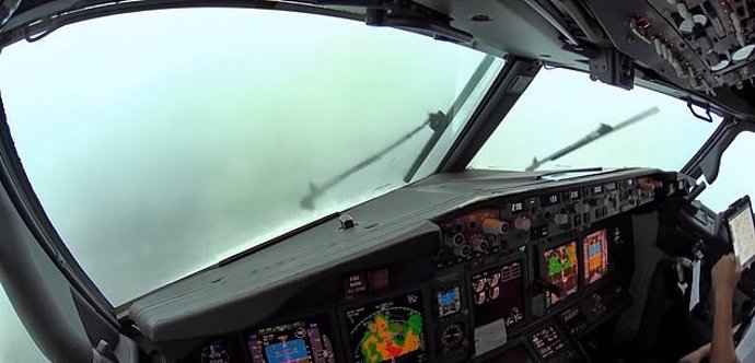 Boeing 737 aterrizando en día de tormenta eléctrica
