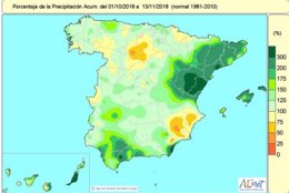 Lluvias acumuladas en España hasta el 13 de noviembre. Año hidrológico 2018