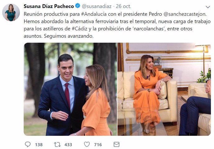 Tuit de Susana Díaz sobre la reunión con Pedro Sánchez