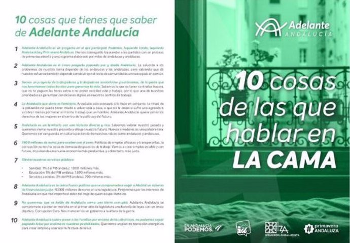 Folleto electoral de Adelante Andalucía '10 cosas de las que hablar en la cama'
