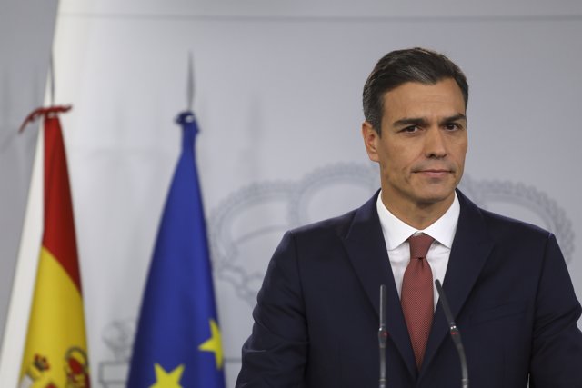 Spain's Prime Minister Pedro Sanchez looks on during a news conference at the Mo