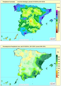 Lluvias acumuladas en España hasta el 20 de noviembre