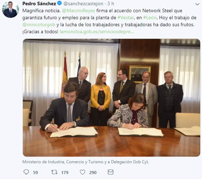 Tuit de Pedro Sánchez sobre el acuerdo de Network Steel y Vestas. 26-11-18