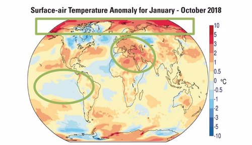 Anomalías de temperatura en los 10 primeros meses de 2018