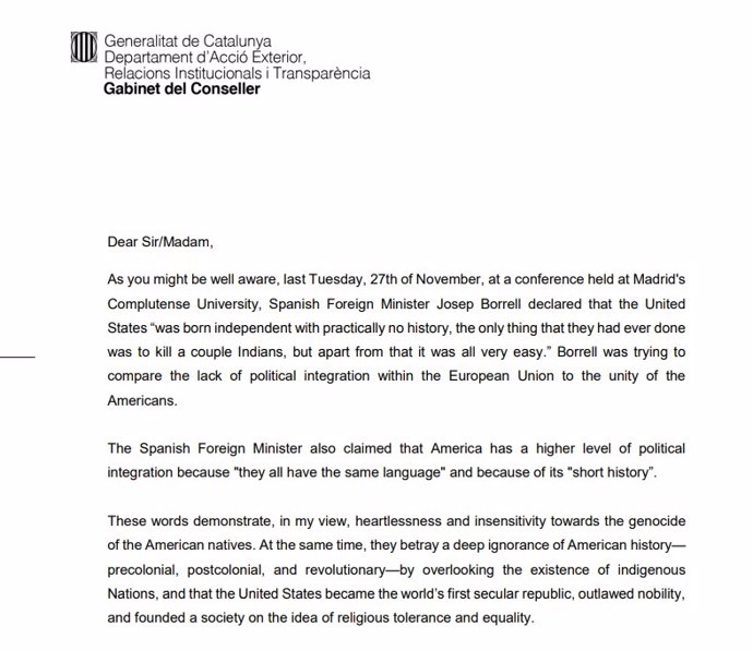 El Govern critica a Josep Borrell en una carta a congresistas nativos de EE.UU.