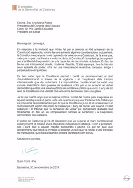Carta de Quim Torra a la presidenta del Congreso, Ana Pastor