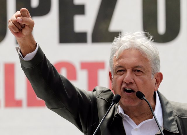 Mexico's President-elect Andres Manuel Lopez Obrador speaks to supporters during