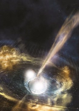 Dos estrellas de neutrones en el momento de fusión, emitiendo onda gravitacional