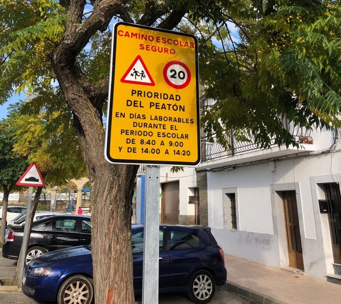 Señal de camino escolar seguro en Malpartida de Cáceres