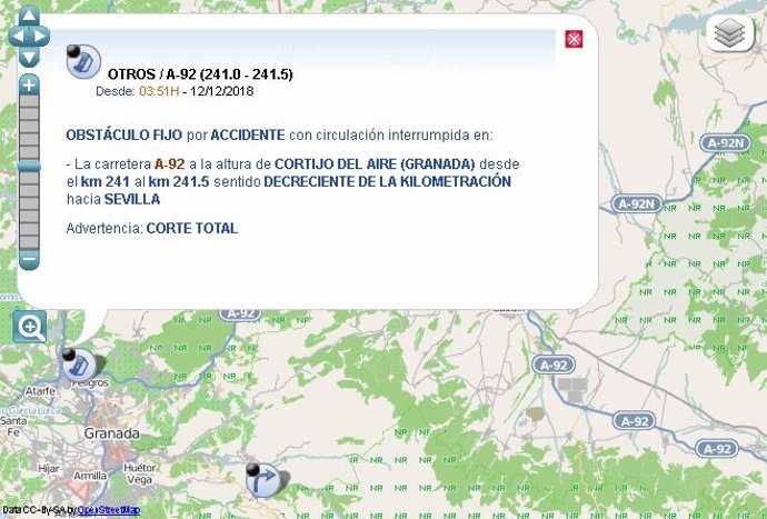 Cortado un sentido de la A-92 en Albolote (Granada) por accidente de un camión