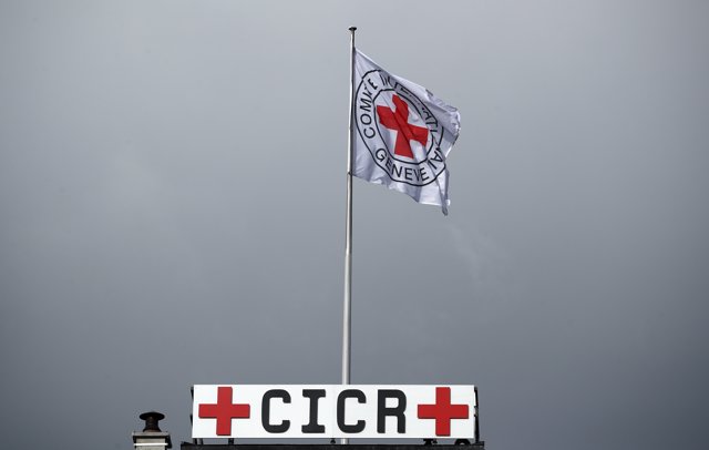 A flag is pictured on the International Committee of the Red Cross (ICRC) headqu