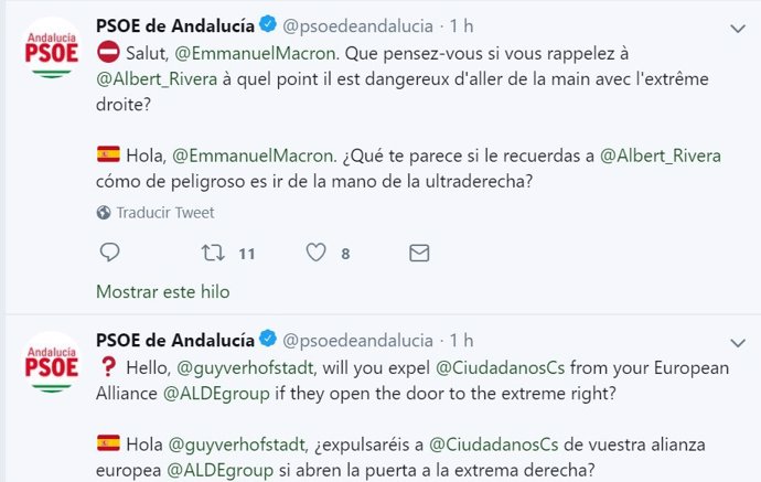Tuits del PSOE-A dirigidos a Macron y Guy Verhofstadt