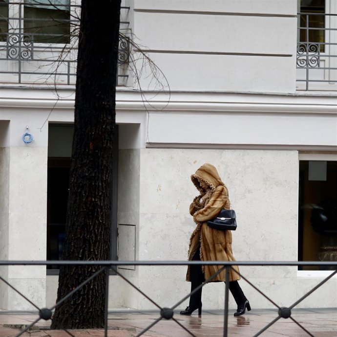 Una mujer camina por la calle un día de invierno 