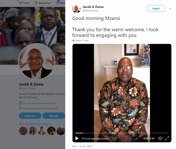 Primer mensaje de Jacob Zuma en Twitter