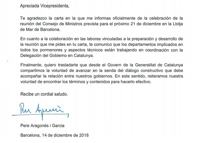 Carta d'Aragonès a Carmen Calvo