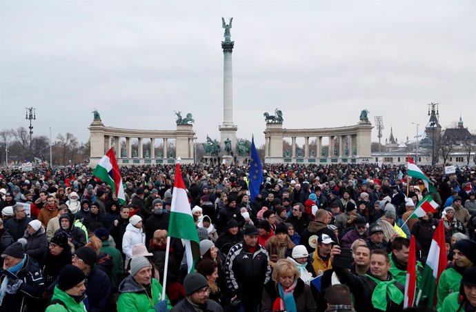 Manifestación contra la reforma laboral de Viktor Orbán en Budapest