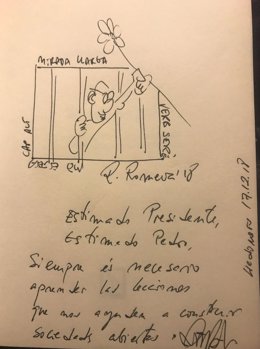 Dedicatoria de Raül Romeva a Pedro Sánchez