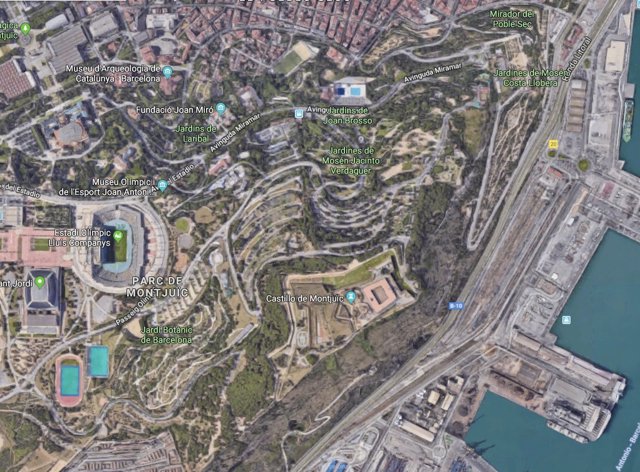 Vista de Google Maps de la montaña de Montjuïc de Barcelona