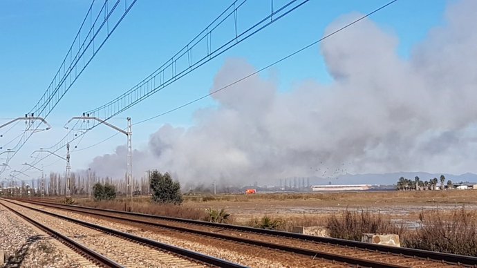 Humareda provocada por el incendio de una fábrica industrial de Sollana