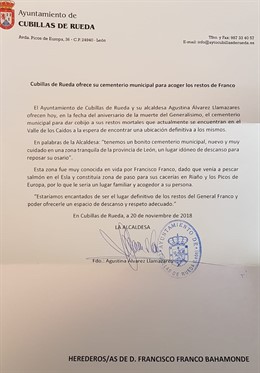 Carta de la alcaldesa de Cubillas de Rueda. 28-12-18