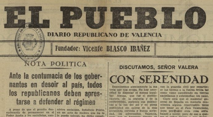 Portada del diario El Pueblo, de Vicente Blasco Ibáñez