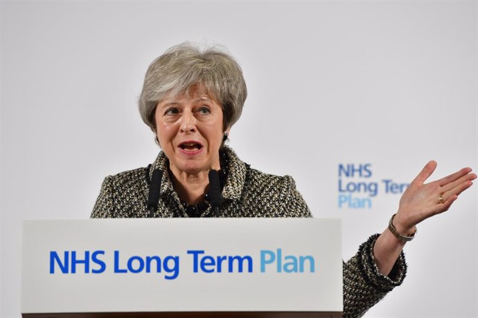 Theresa May en un acto este lunes sobre el sistema de salud británico