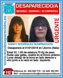 Cartel de búsqueda de Nancy Rodríguez Bunprachon. 8-1-2019