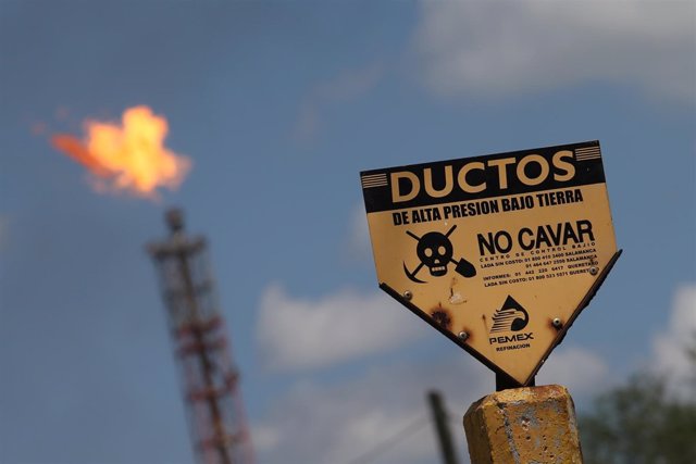 A sign is pictured of Mexico's national oil company Pemex's refinery in Salamanc