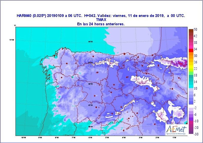 Mapa descriptivo sobre la previsión de temperaturas para el jueves