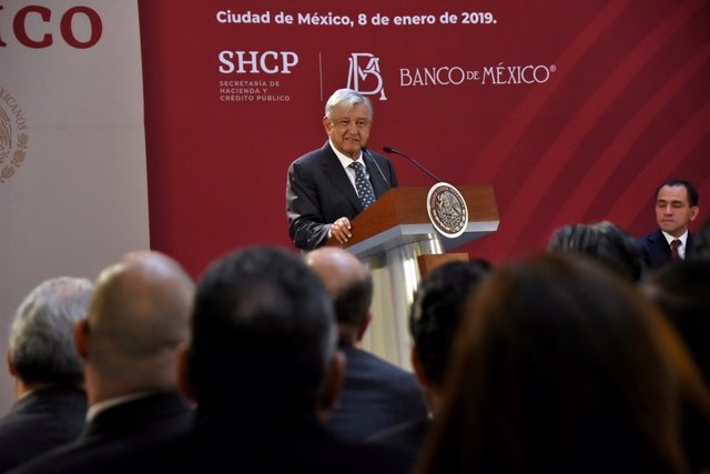 Mexico's President Andres Manuel Lopez Obrador addresses the audience during a g