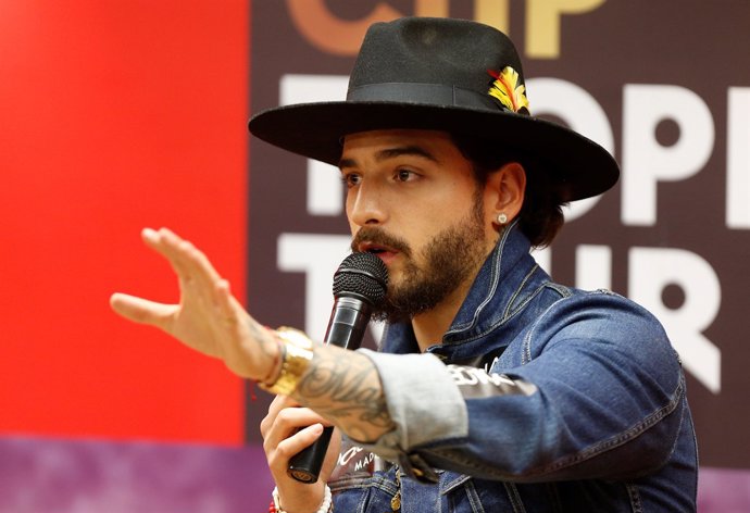 Colombian singer Maluma, speaks during a news conference as part of the world to