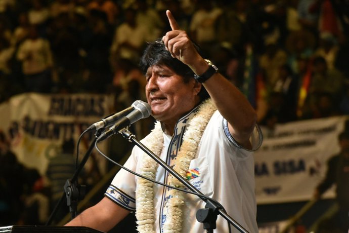 Bolivia's President Evo Morales speaks to his supporters during a rally in Quill