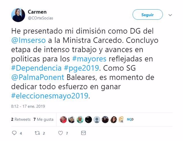 Tweet de la directora general del Imserso, Carme Orte