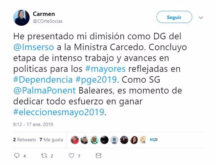 Tweet de la directora general de l'Imserso, Carme Orte