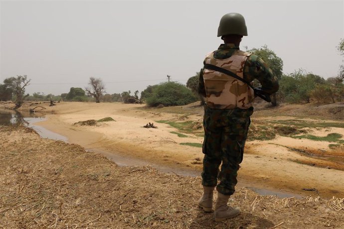 Un soldado nigeriano vigila la frontera con Níger en Damasak, Borno (Nigeria)