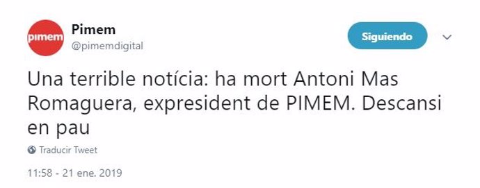 Tweet Pimem sobre muerte de Antoni Mas