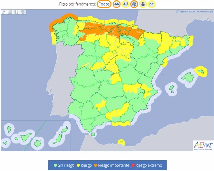 Extremadura y Canarias se libran el 22 de enero de 2019 del riesgo meteorológico