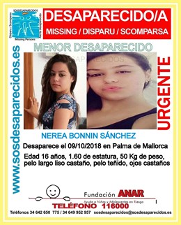 Cartel informativo de la desaparición de Nerea Bonnín Sánchez